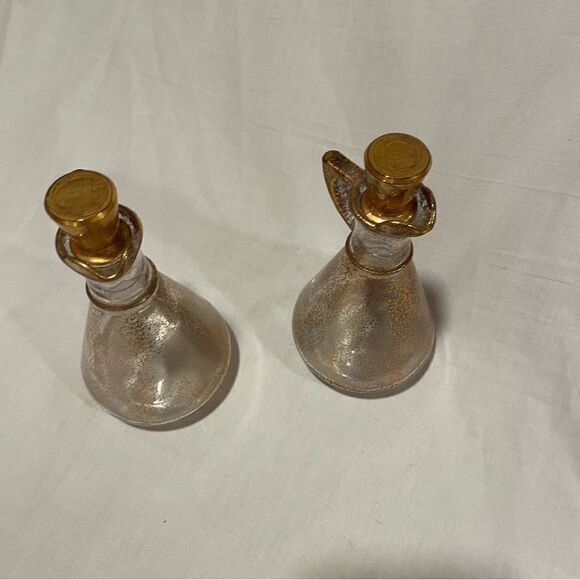 Hazel Atlas MCM vintage gold speckled glass set of 2 oil and vinegar cruets - Picture 9 of 10